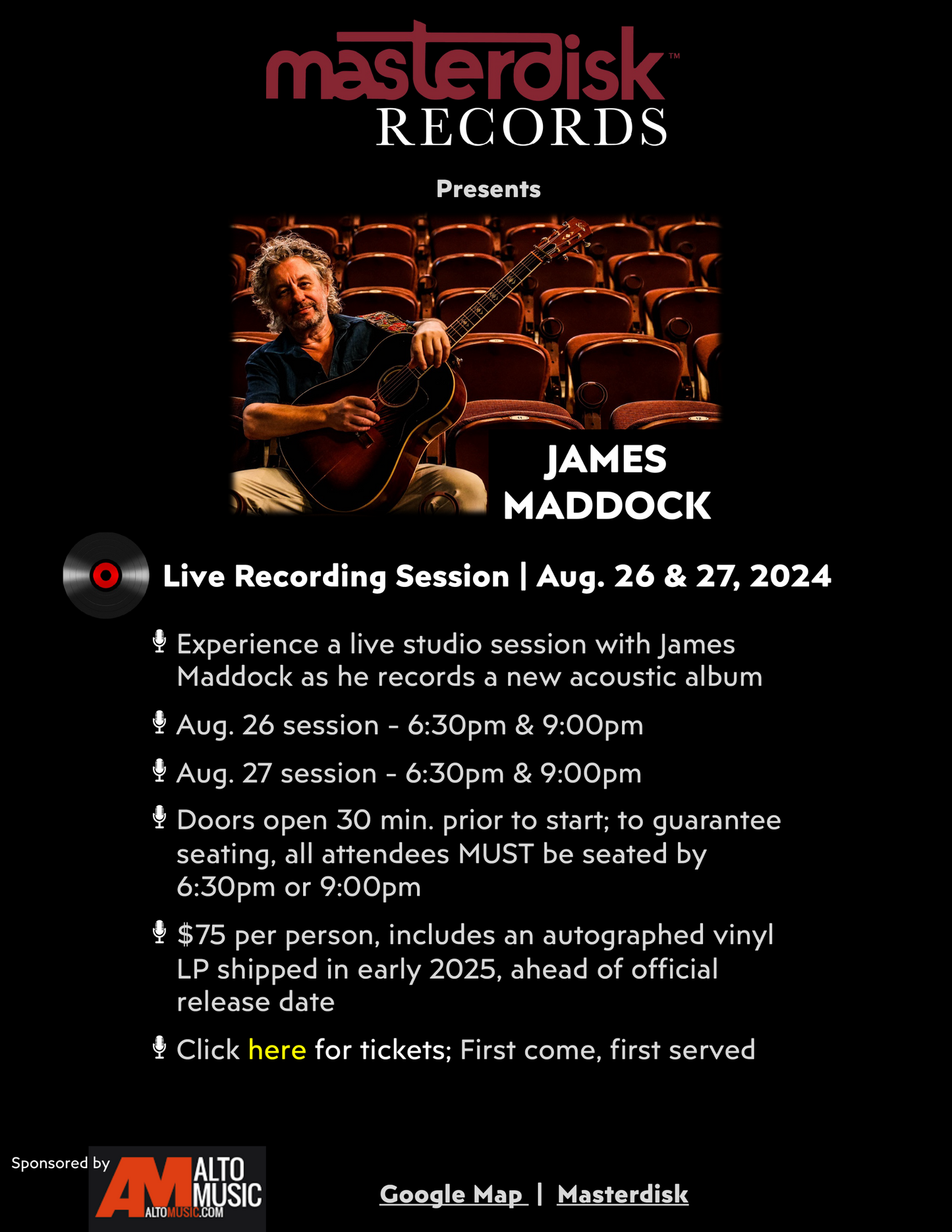 Promotional poster for James Maddock's live recording session with Masterdisk Records.